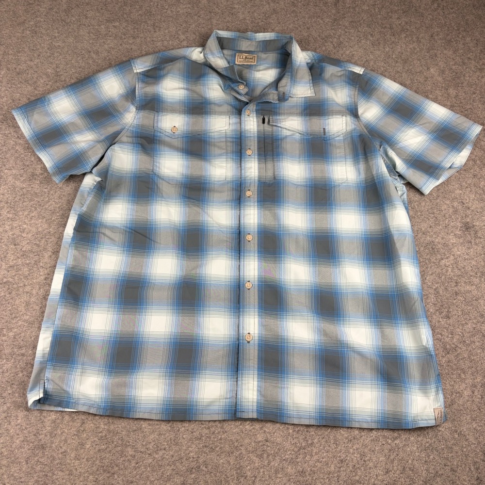 LL Bean Button Up Shirt Mens XL Blue Plaid Short Sleeve Outdoor Workwear Utility
